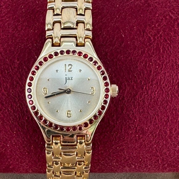 Vintage Jaz Paris French Designer Gold 18K gold plated Watch with red CZ Bezel - Picture 1 of 9